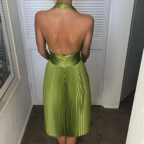 🌎A*B*S by Allen Schwartz || Chartreuse satin halter cocktail dress - Picture 4 of 9